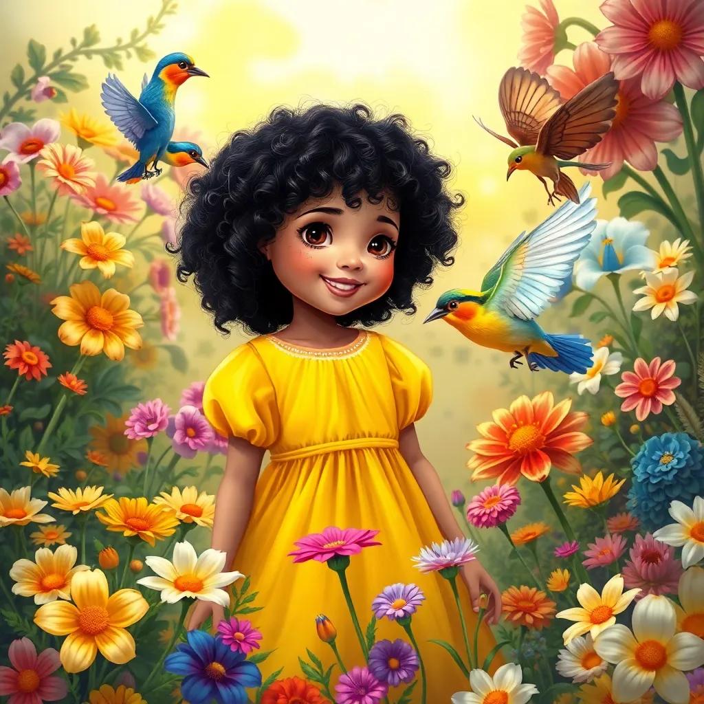 A small bird, colorful and bright, flying around Sarah, a young Arab girl with curly black hair in a bright yellow dress, surrounded by a garden filled with various vibrant flowers, joyful scene, warm light, fantasy illustration, high quality
