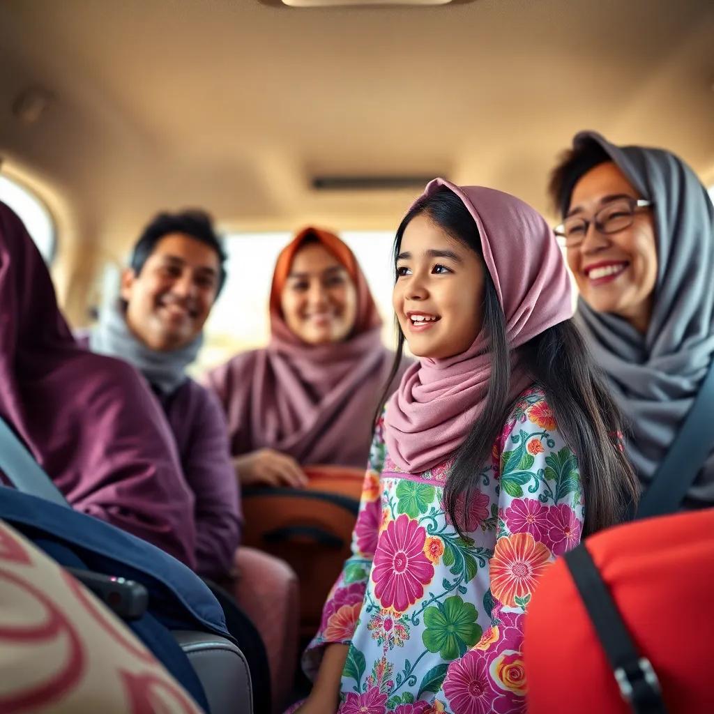A young girl, Sarah, with long dark hair and wearing a colorful dress and hijab, joyfully talking with her parents in a car surrounded by luggage on a sunny day, cheerful atmosphere, digital art, bright colors, happy family, high quality