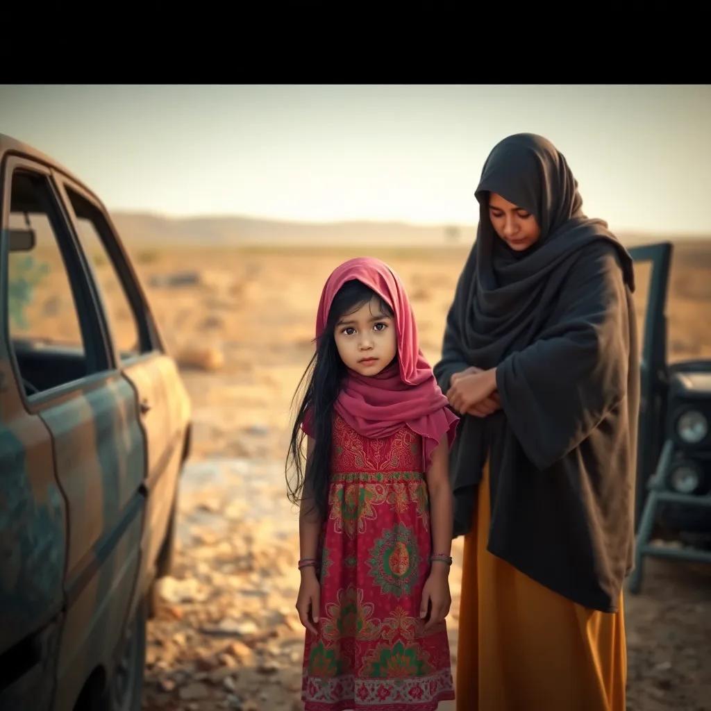 A young girl, Sarah, with long dark hair, wearing a colorful dress and hijab, standing near a broken car with her worried father and comforting mother, in a desolate area, digital painting, worried expressions, warm light, storytelling view, high quality