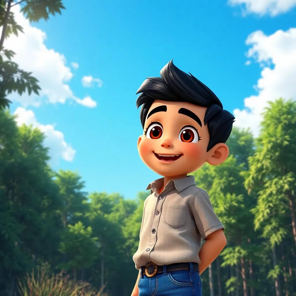 A young Arab boy, Samer, with short black hair wearing a simple shirt and jeans, standing at the edge of a dense forest, looking excited and adventurous under a bright blue sky, digital art, vibrant colors, inviting atmosphere, high quality