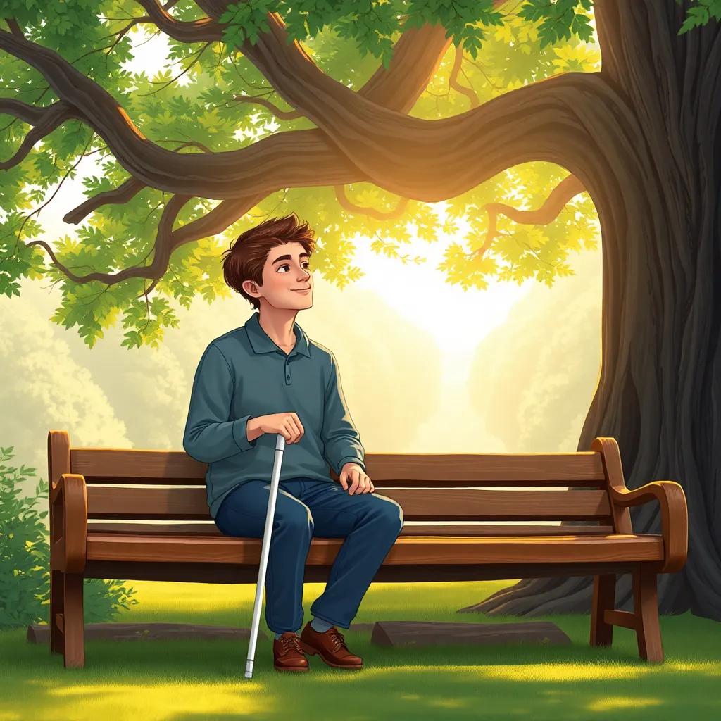 Sami, a visually impaired young man with a white cane, sitting on a wooden bench under a large tree, listening to the sounds of nature with a smile, surrounded by gentle sunlight, illustration, peaceful, engaging scenery, high quality