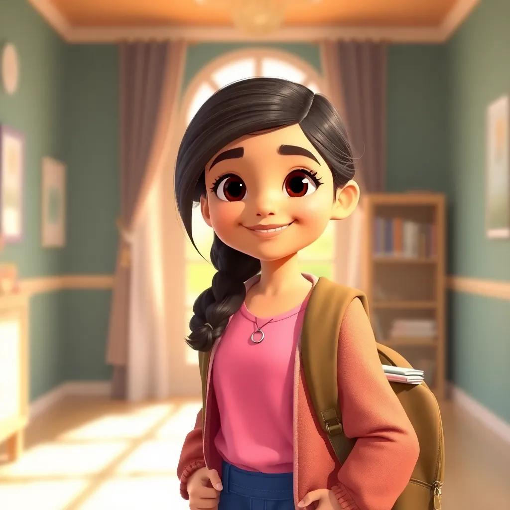 A young Arab girl, Sadin, with long, dark hair wearing a pink blouse and warm jacket, standing in a sunlit room, smiling with a backpack and some books, cheerful atmosphere, digital art, bright colors, high quality