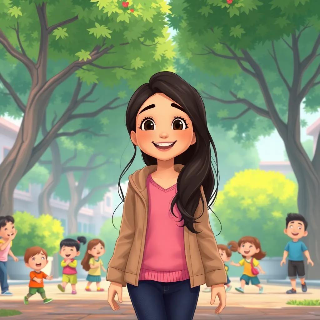Sadin, a young Arab girl with long, dark hair in a pink blouse and warm jacket, joyfully walking with her friends in a schoolyard surrounded by green trees and laughing children, illustration, vibrant, lively scene, child-friendly