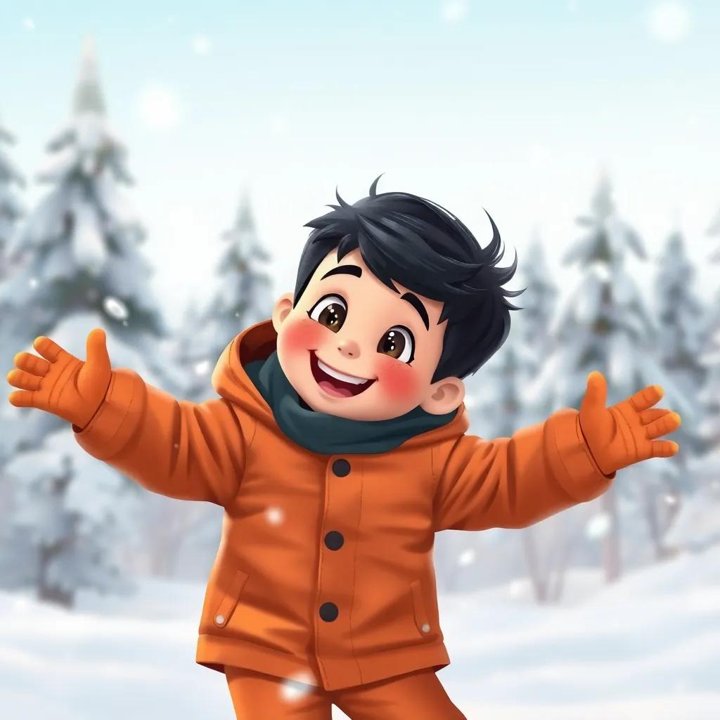 A cheerful young Arab boy, سرمد, with short black hair, wearing a warm winter jacket and snow pants, playing joyfully in the snow-filled landscape of عين دراهم, snowy trees in the background, digital art, vibrant colors, cozy atmosphere, high quality