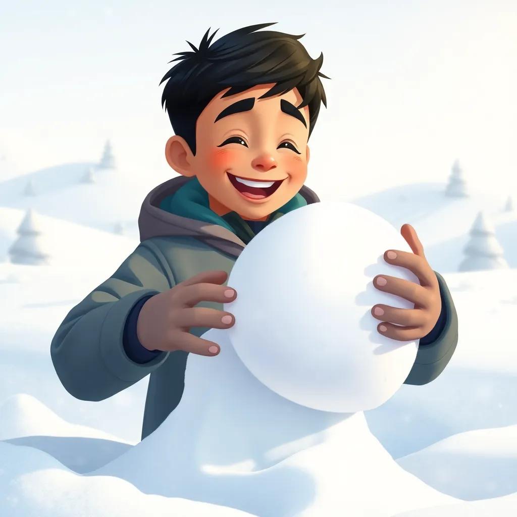 A young Arab boy, سرمد, with short black hair, wearing a warm winter jacket, crafting a large snowball in the snowy landscape, smiling and laughing, surrounded by snowy hills and trees, light snowfall, cheerful vibe, illustration, child-friendly, high quality