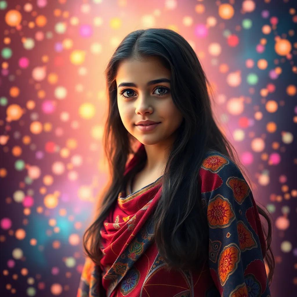 A young Arab girl, Soad, with long dark hair, wearing a colorful abaya, entering a vibrant world of atoms, surrounded by sparkling particles, digital art, bright colors, magical atmosphere, high quality