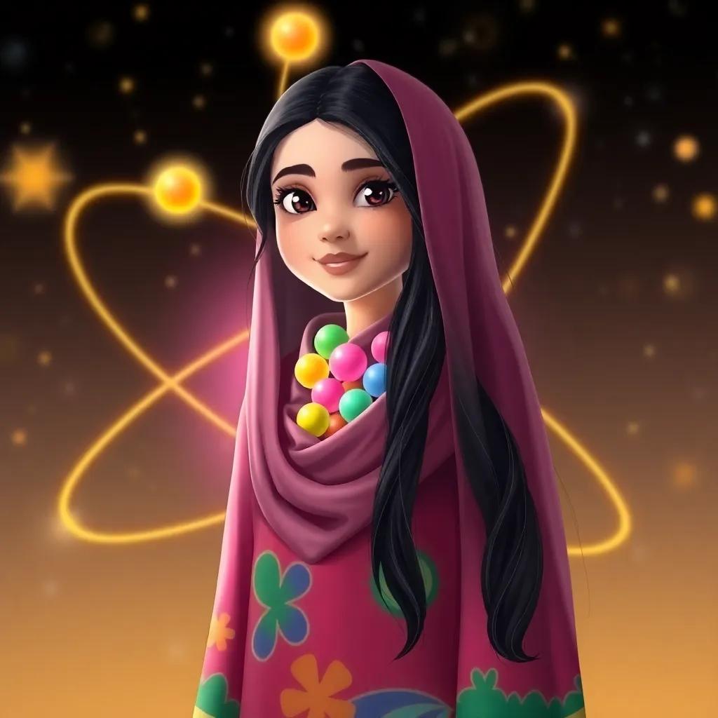 Soad, a young Arab girl with long dark hair in a colorful abaya, standing in front of the atom's nucleus, see colorful protons and neutrons inside, illustration, educational, bright and vibrant, child-friendly