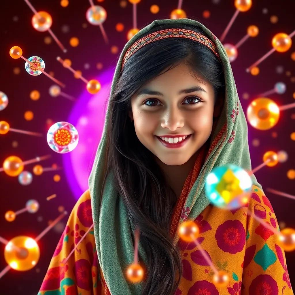 Soad, a young Arab girl with long dark hair in a colorful abaya, interacting with excited protons that shine like jewels, colorful nucleus with details, cheerful, energy-filled atmosphere, high quality