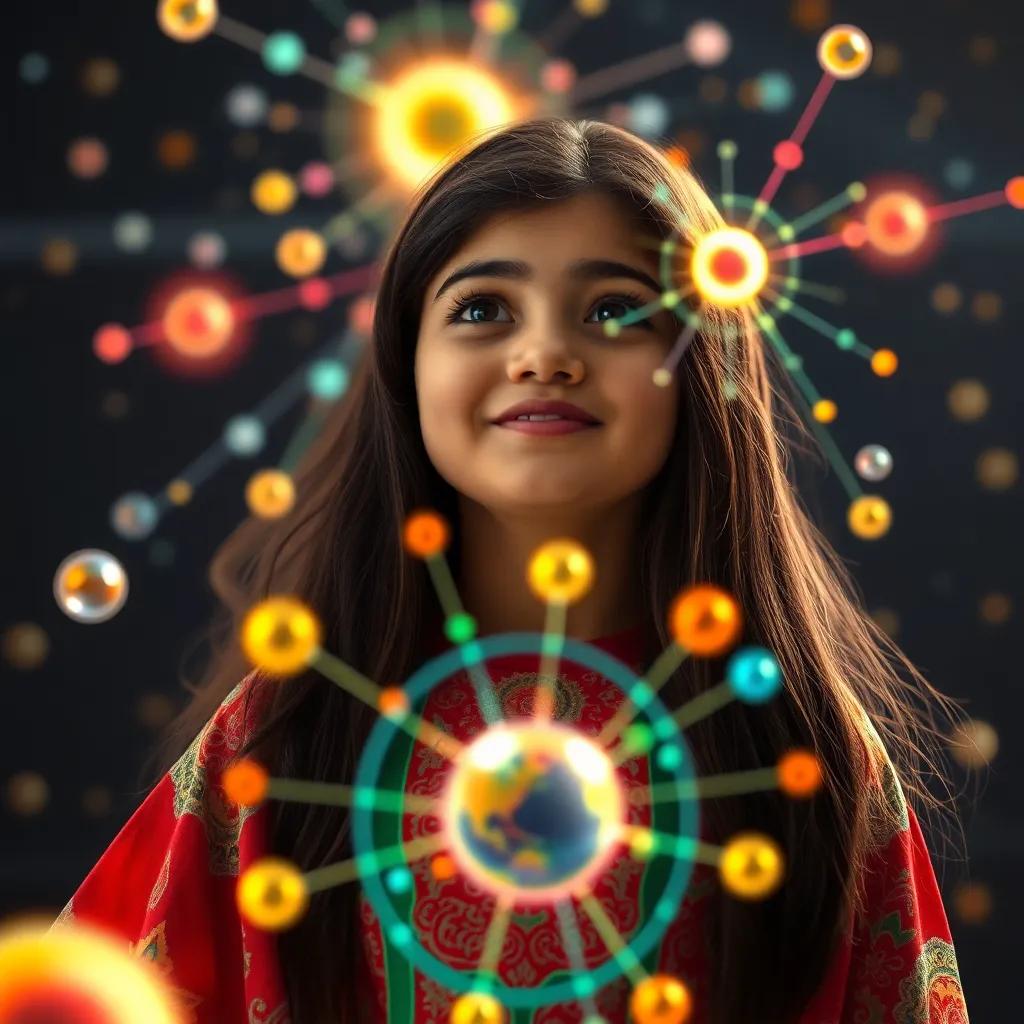 Soad, a young Arab girl with long dark hair in a colorful abaya, watching electrons spinning joyfully around the nucleus, creating a rainbow of colors, dynamic scene, playful feel, intricate details