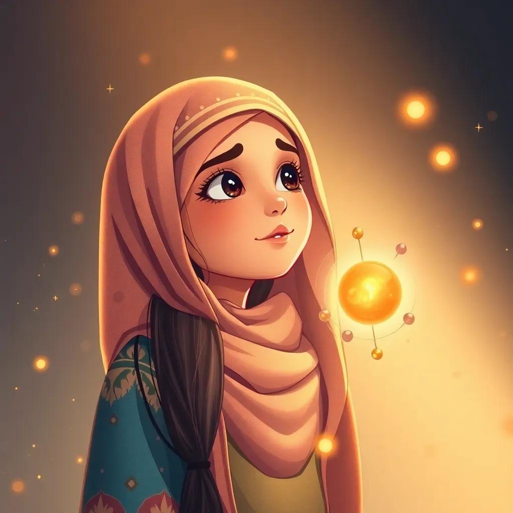 Soad, a young Arab girl with long dark hair in a colorful abaya, amazed by the friendship between protons and neutrons, warm light, gentle atmosphere, storytelling illustration, high quality