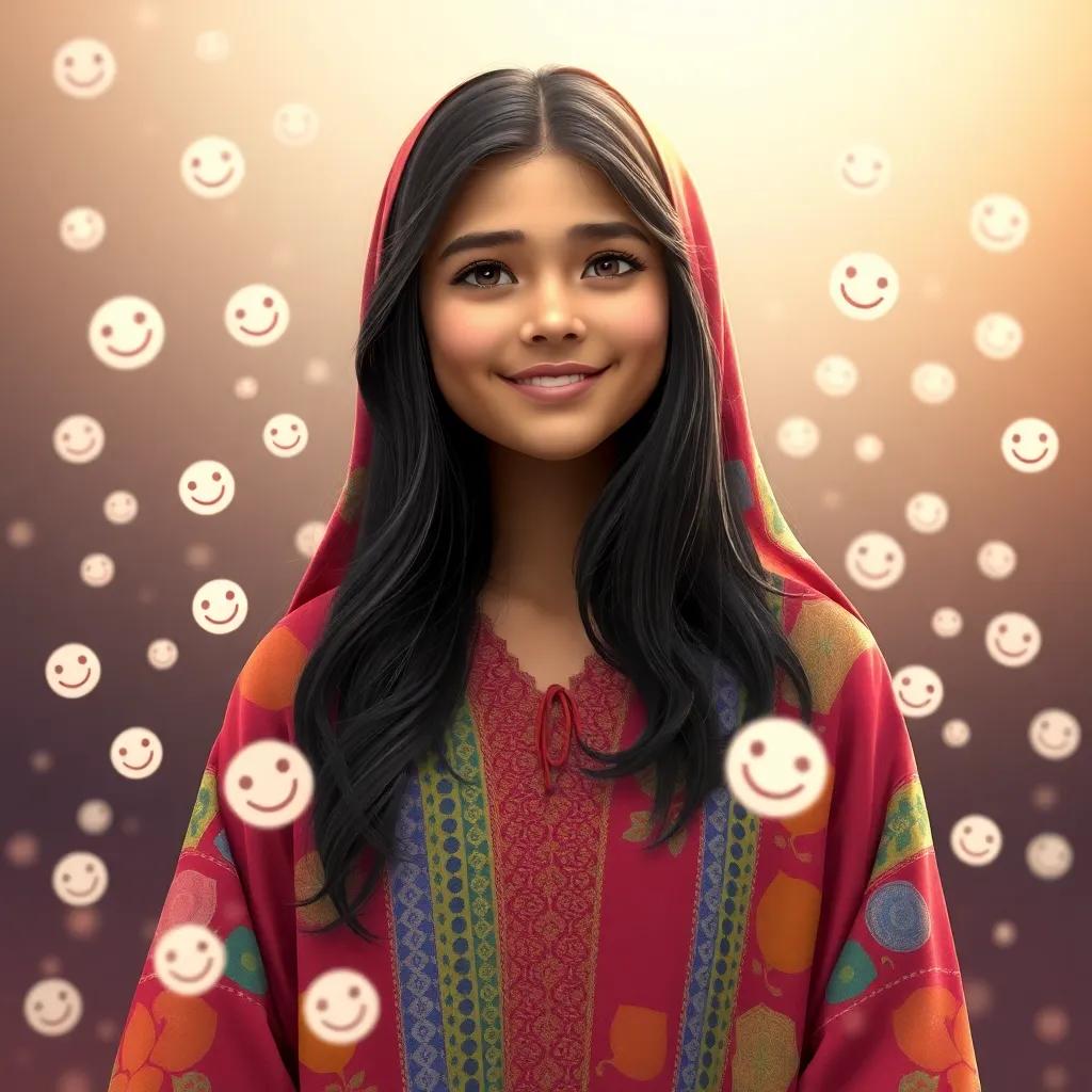 Soad, a young Arab girl with long dark hair in a colorful abaya, surrounded by smiling particles, symbolizing love and unity, soft glow, uplifting mood, charming design, detailed