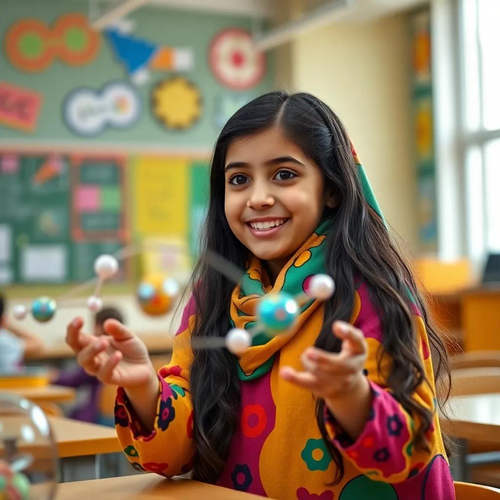 Soad, a young Arab girl with long dark hair in a colorful abaya, enthusiastically learning about atoms in a classroom, colorful visuals around her, inspiring environment, vibrant colors, high quality