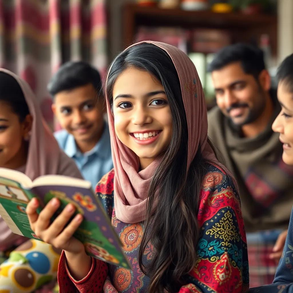 Soad, a young Arab girl with long dark hair in a colorful abaya, sharing her new knowledge with family, bright smile, joyful expressions, warm home environment, colorful and inviting, high quality