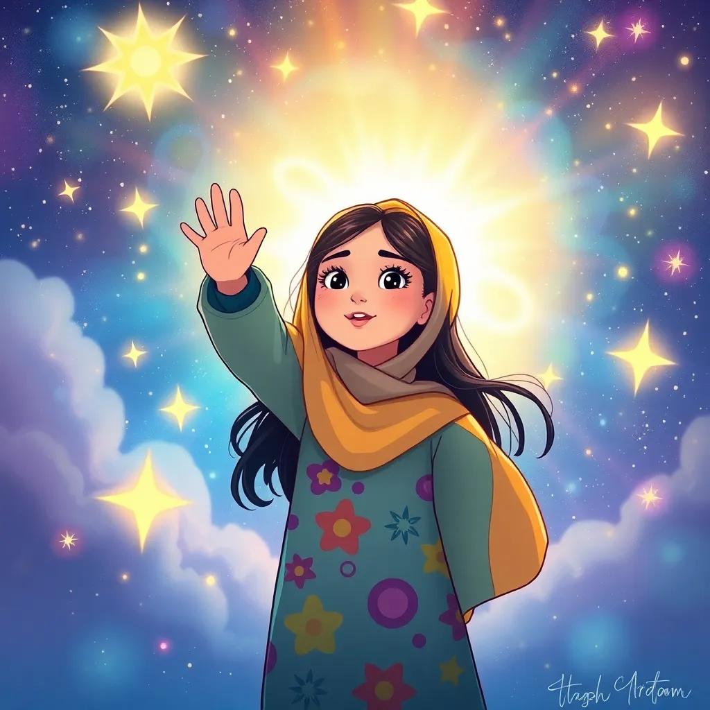 Soad, a young Arab girl with long dark hair in a colorful abaya, waving goodbye to the atom world, filled with stars and energy, emotional scene, dreamy colors, whimsical illustration, high quality