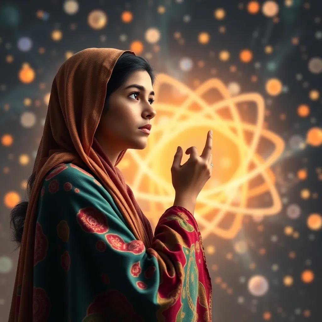 Soad, a young Arab girl with long dark hair in a colorful abaya, pondering the wonders of the atom, a backdrop of swirling atoms and stars, reflective mood, serene colors, high quality