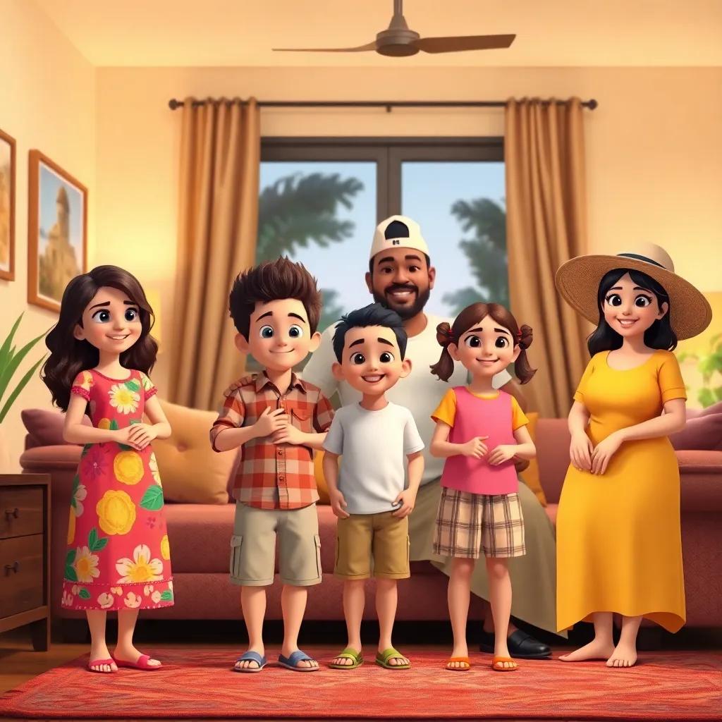 A happy family of six, including Leila, an Arab girl aged 20 with wavy hair wearing a colorful dress, Sami, an Arab boy aged 18 with short hair wearing a casual shirt, a 14-year-old boy with spiky hair wearing shorts, Fatima, an 11-year-old Arab girl with pigtails wearing a bright T-shirt, a 48-year-old Arab father wearing a safari hat and shorts, and a 45-year-old Arab mother wearing a comfortable dress, all excitedly preparing for a safari trip in a vibrant living room, warm lighting, family bonding, welcoming atmosphere, digital art, high quality