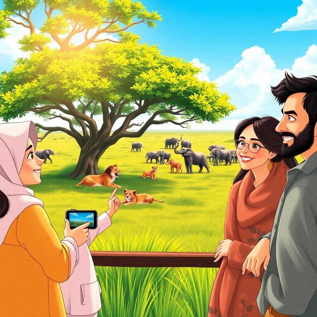 A beautiful safari scene with the Tamimi family observing a pride of lions resting under a tree, Leila taking photos with her camera, Sami pointing at a herd of elephants in the distance, Fatima giggling with delight, the father smiling proudly and the mother enjoying the view, surrounded by lush greenery and a bright blue sky, realistic illustration, vibrant colors, cheerful and adventurous mood, high detail