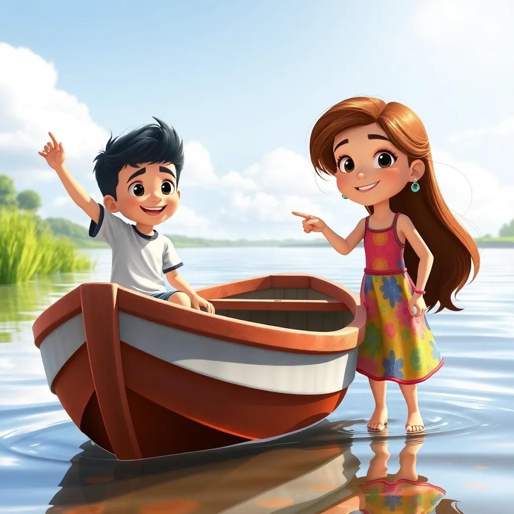 A sunny day by the river with a small boat ready for adventure, featuring a young boy named Sami with short black hair wearing a t-shirt and shorts, and a girl named Leila with long brown hair in a colorful dress, excitedly pointing at the boat, vibrant colors, cheerful atmosphere, high quality