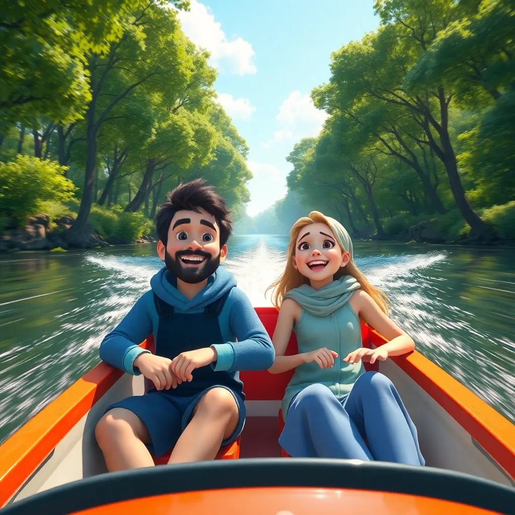 Sami and Leila in the fast boat, feeling the cool breeze, surrounded by green trees along the riverbank, Sami smiling and Leila laughing, bright sunny day, digital art, fun and engaging, highly detailed