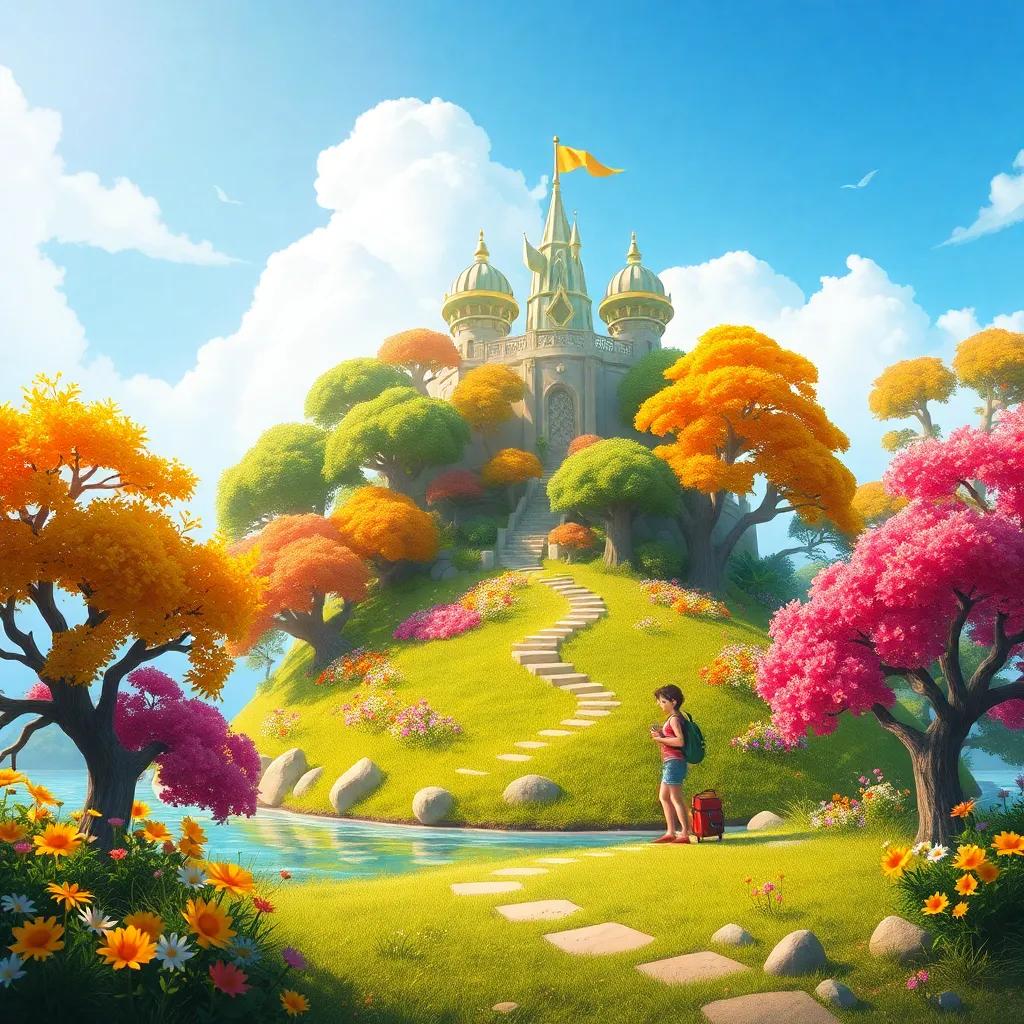 An enchanting small island named Island of Joy, filled with colorful trees and vibrant flowers, Sami and Leila exploring with curiosity, magical scenery, beautiful sunlight, adventure-themed illustration, inviting atmosphere
