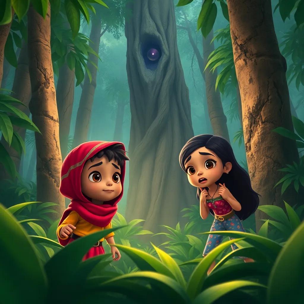 Sami and Leila discovering a mysterious sound in the jungle, both looking curious and slightly scared, tall trees and thick foliage around them, a sense of adventure, detailed digital art, captivating