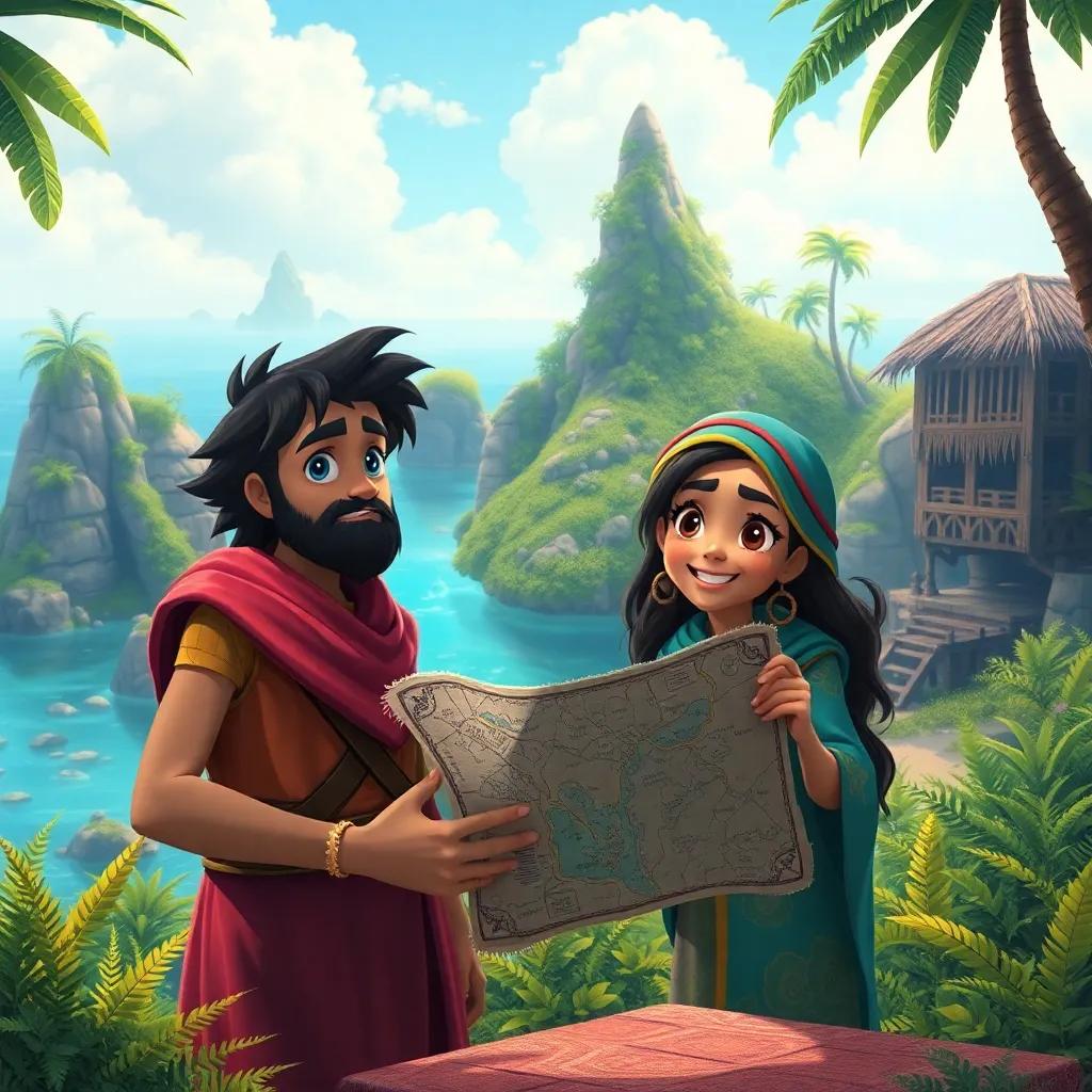 Finding an ancient map in the island, with Sami looking determined and Leila looking excited while holding the map, rich colors and magical surroundings, storytelling atmosphere, colorful