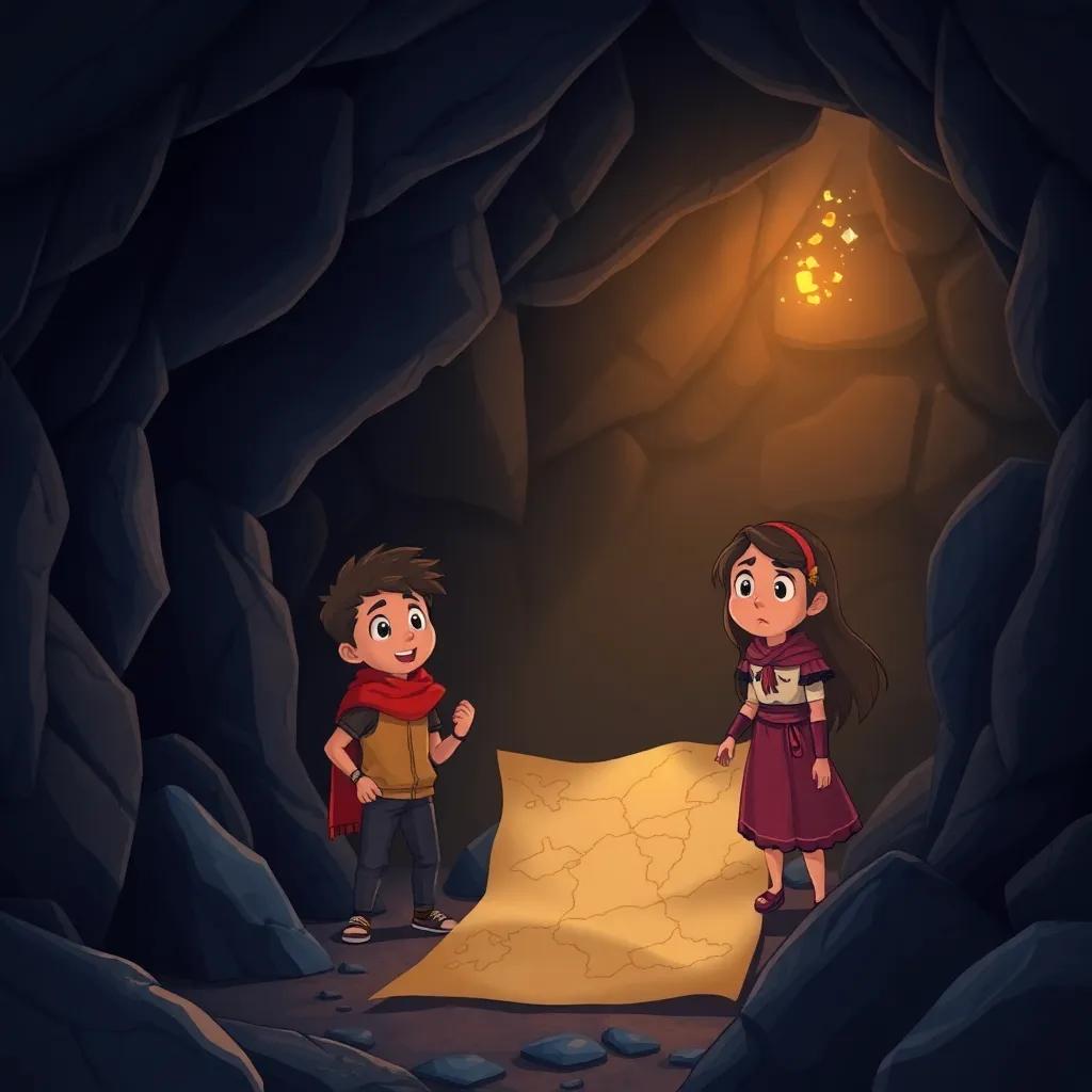Following the map into a dark cave, with Sami looking brave and Leila appearing a bit scared, sparkling rocks illuminating the cave, captivating, cartoonish art style