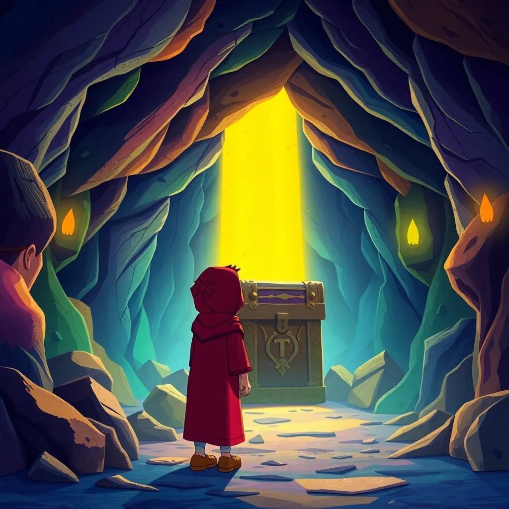 Inside the cave, surrounded by colorful walls and mysterious lights, Sami and Leila staring at an ancient treasure chest in awe, an exciting atmosphere, magical, detailed illustration