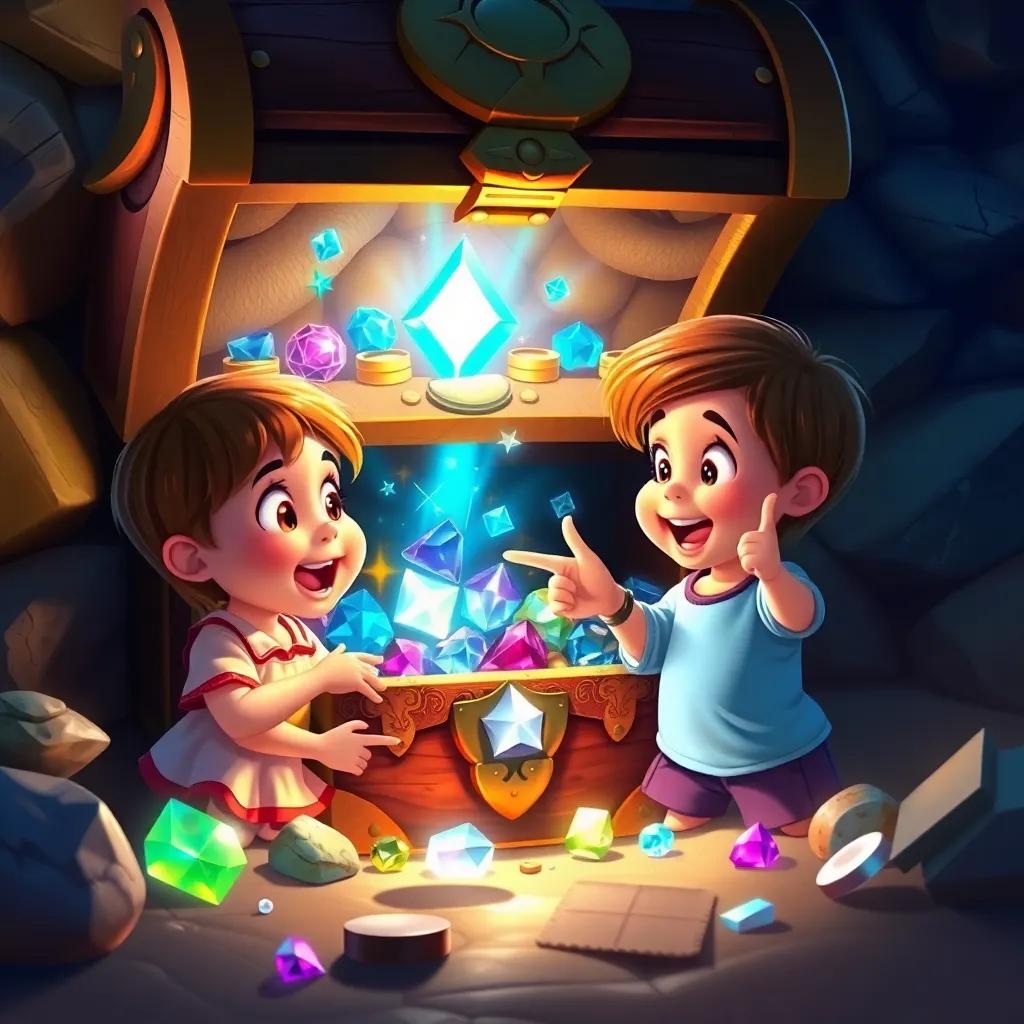 Opening the treasure chest with sparkling jewels and magical objects, both kids amazed and pointing at the treasure, excitement on their faces, vibrant and mystical, high quality