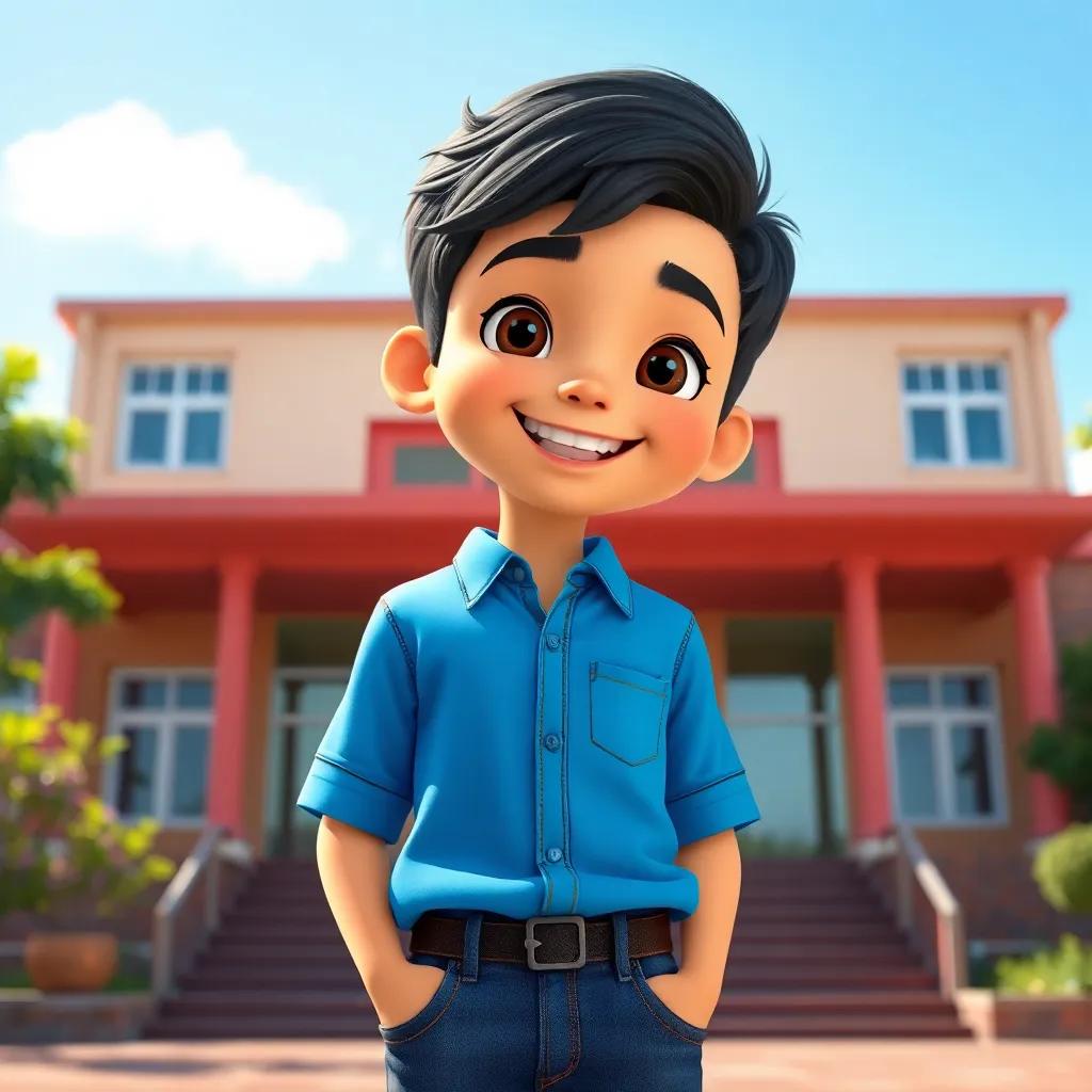 A young Arab boy, Sultan, with short black hair, wearing a blue shirt and jeans, standing in front of a school building, smiling with excitement, bright sunlight, cheerful atmosphere, vibrant colors, high quality