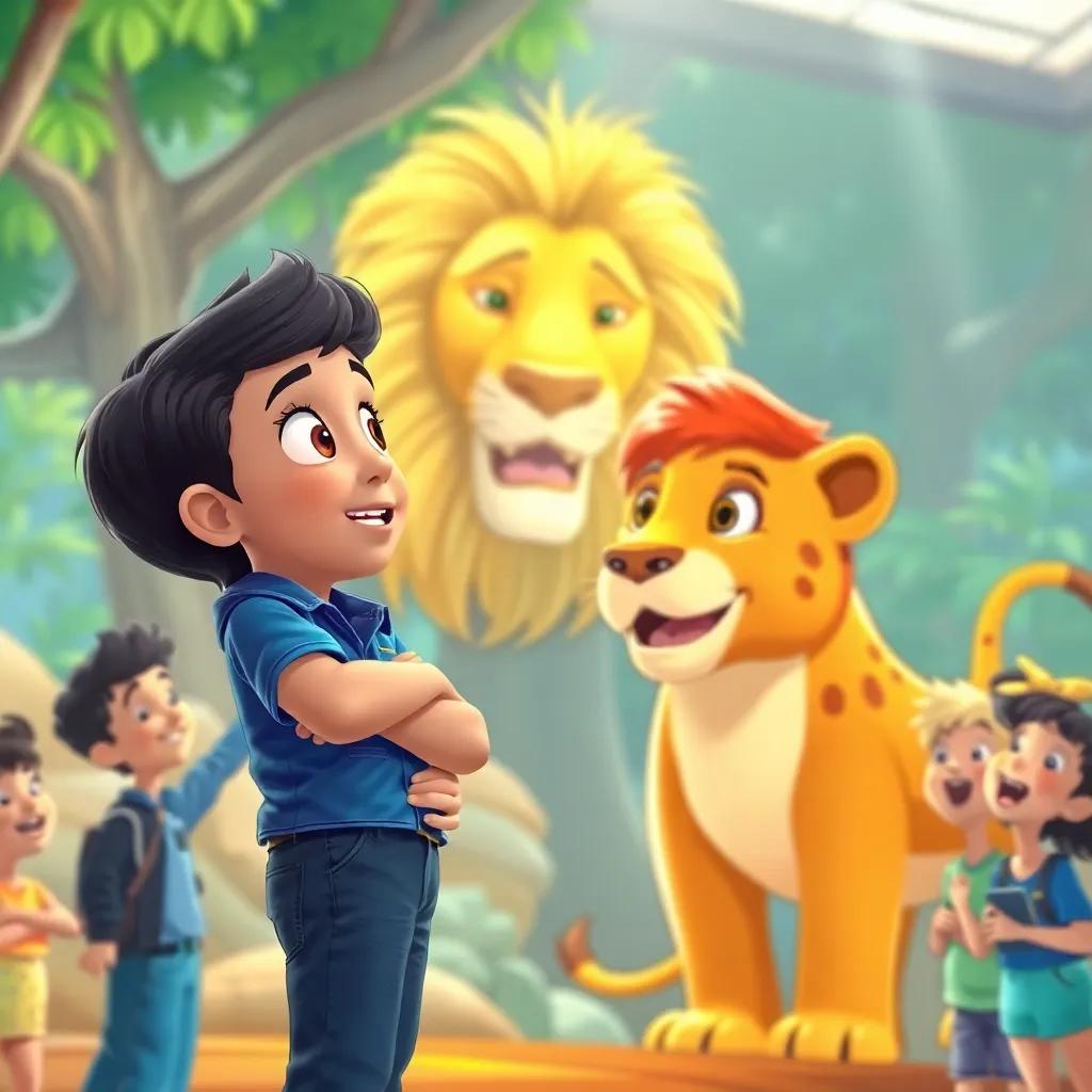 A young Arab boy, Sultan, with short black hair, wearing a blue shirt and jeans, looking amazed at a lion in a zoo, surrounded by his friends who are also excited, illustration, colorful and engaging, child-friendly atmosphere, joyful