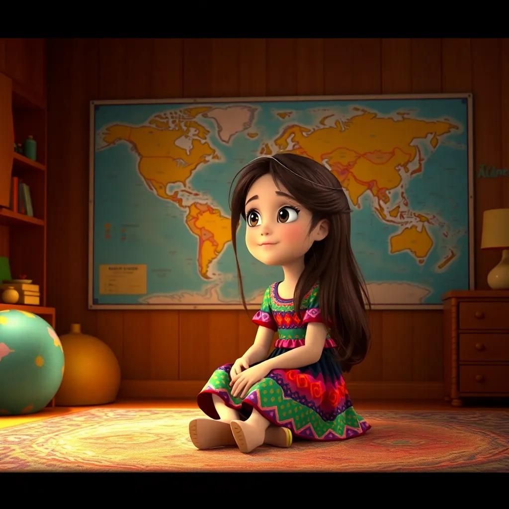 A young girl, Salma, with long brown hair, wearing a colorful dress, sitting in her room looking at a large world map on the wall, warm and inviting atmosphere, digital art, high quality