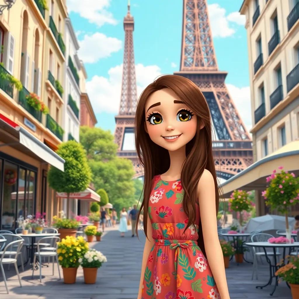 Salma, a young girl with long brown hair, wearing a colorful dress, standing next to the Eiffel Tower in a sunny street of Paris, with cafes and beautiful flowers around, cheerful and vibrant, summer day, high quality