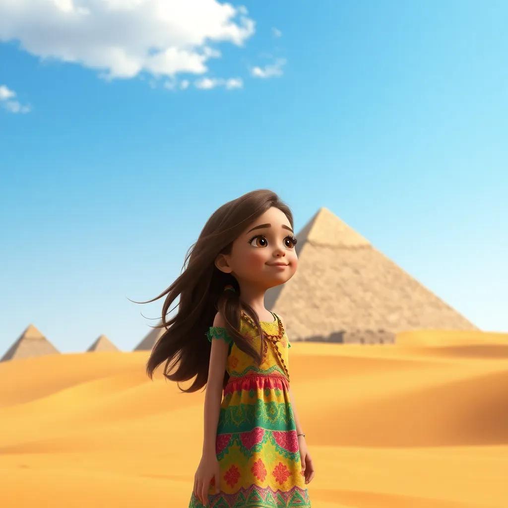 Salma, a young girl with long brown hair, in a colorful dress, exploring the Egyptian pyramids in a golden desert, with blue sky and sandy dunes, fascinated expression, adventure mood, high quality
