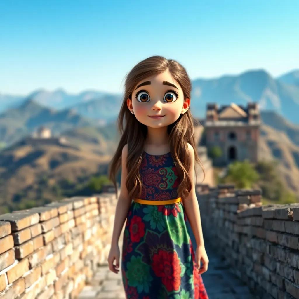 Salma, a young girl with long brown hair, wearing a colorful dress, walking on the Great Wall of China with mountains in the background, clear skies, amazed look, historical atmosphere, high quality