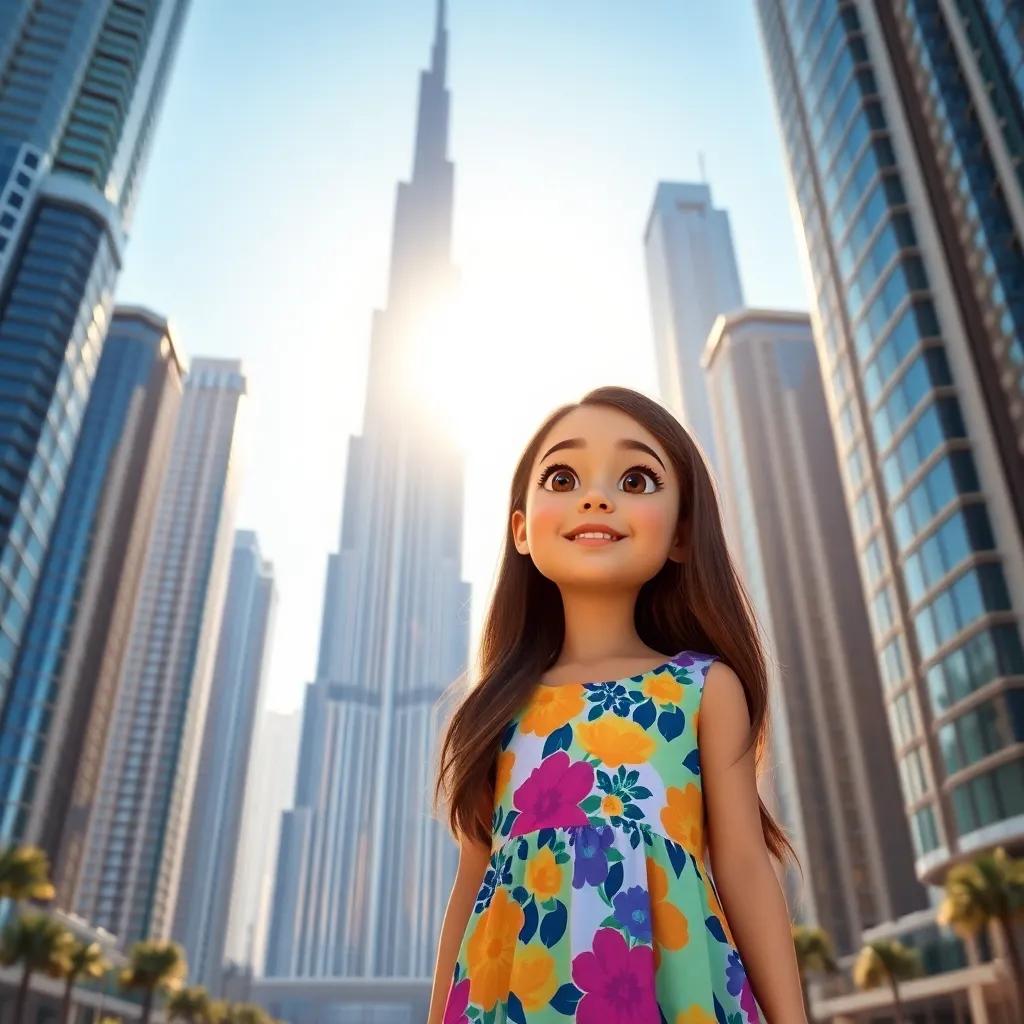 Salma, a young girl with long brown hair, in a colorful dress, standing in front of the Burj Khalifa in Dubai, surrounded by tall buildings, bright sun, excited expression, modern cityscape, high quality