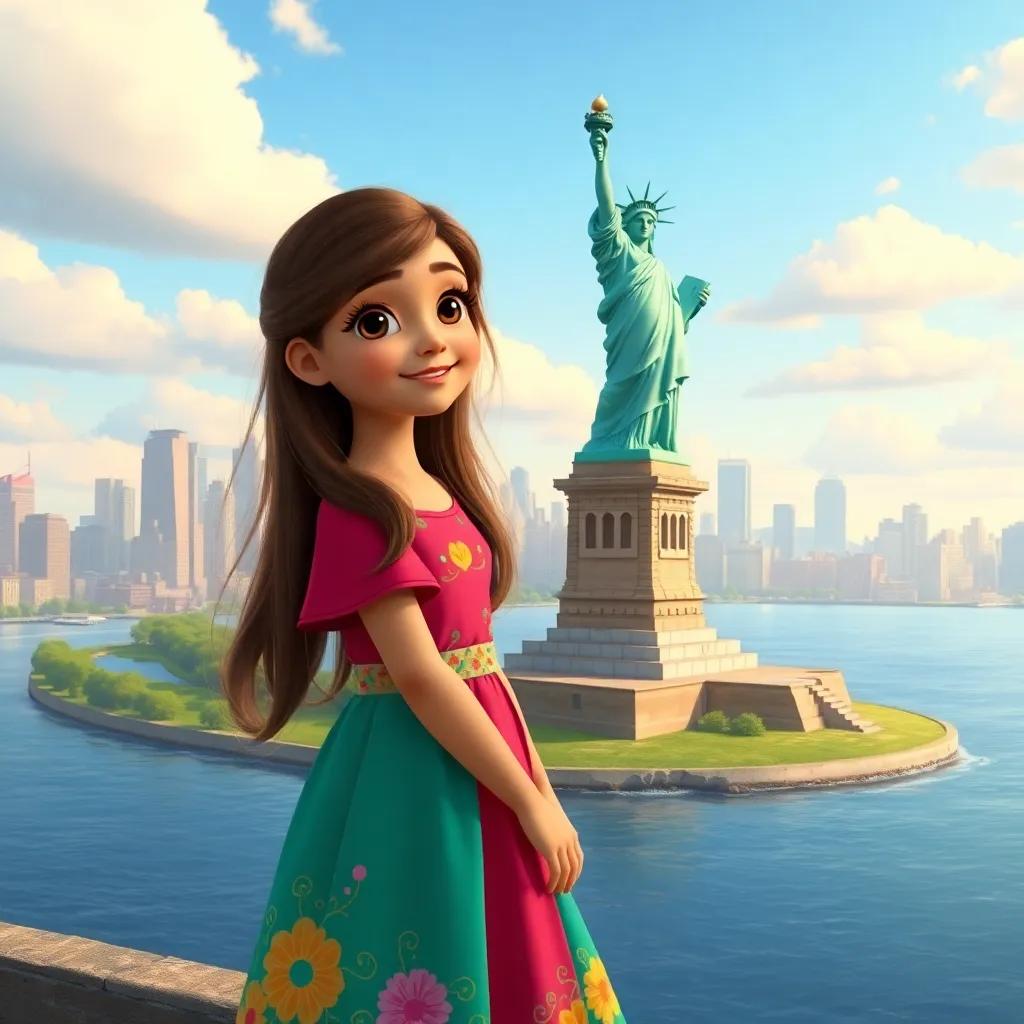 Salma, a young girl with long brown hair, in a colorful dress, admiring the Statue of Liberty on a small island, vibrant colors, with the city skyline in the background, welcoming ambiance, high quality