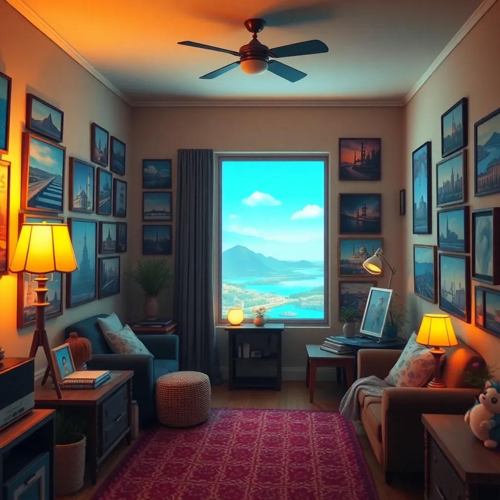 A room filled with pictures that Salma captured from her journey, with warm light, showing landmarks from around the world, cozy atmosphere, high quality