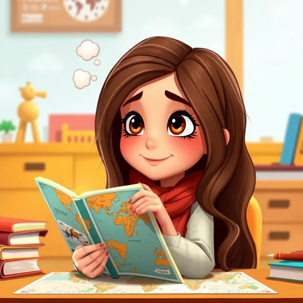 Salma, a young girl with long brown hair, holding a book about travel with a map on her desk, dreaming about her next adventures, colorful and inviting, high quality