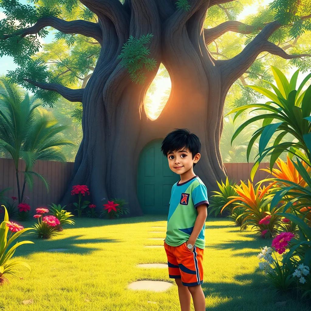 A sunny garden with a large tree and a mysterious door behind it, a curious young boy, Sulaiman, with short black hair wearing a colorful t-shirt and shorts, vibrant colors, warm light, inviting atmosphere, high quality