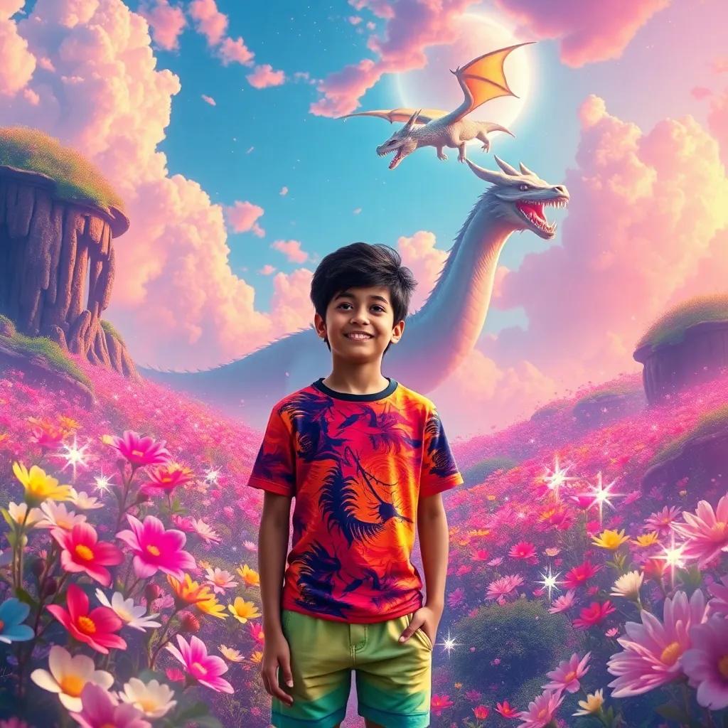 A magical land with a dragon in the sky and sparkling flowers in bright colors, Sulaiman, a young boy in a colorful t-shirt and shorts, cheerful, fantasy art, vivid colors, enchanting scenery, high quality