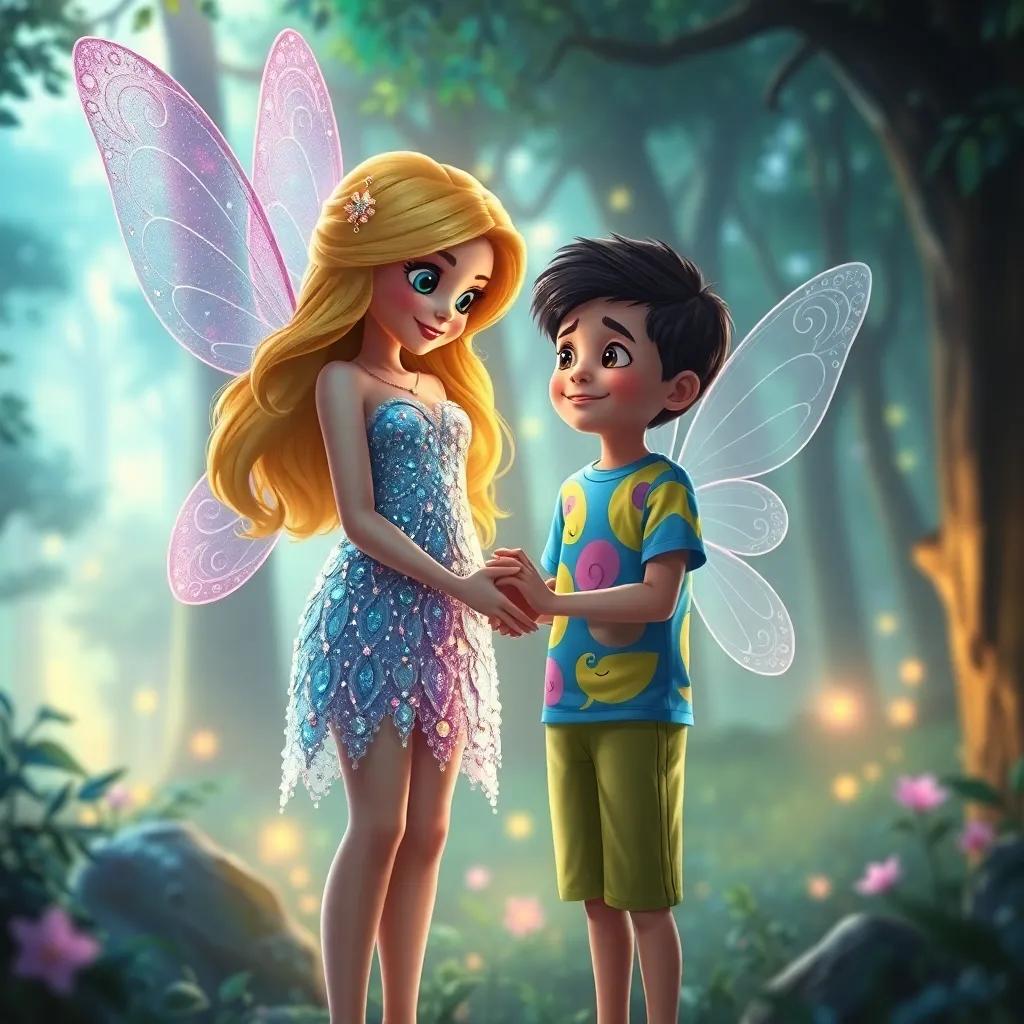 A fairy named Leila, short with golden hair wearing a sparkling dress, greeting Sulaiman, a young boy in a colorful t-shirt and shorts, magical forest background, glowing light, whimsical style, high quality