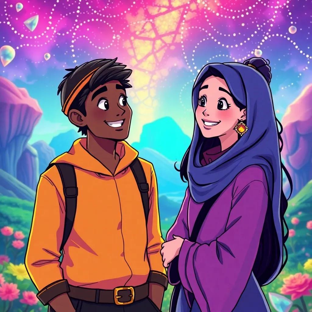 Sulaiman looking excited and asking Leila about the adventure, a colorful magical landscape, both characters smiling and engaged, vibrant colors, playful mood, high quality