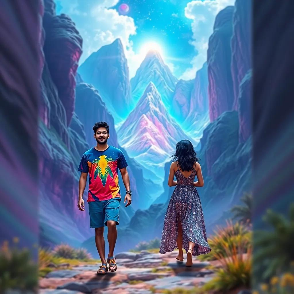 Sulaiman and Leila walking up a magical mountain, bright colors and enchanting scenery, Sulaiman wearing a colorful t-shirt and shorts, Leila in her sparkling dress, adventure theme, high quality