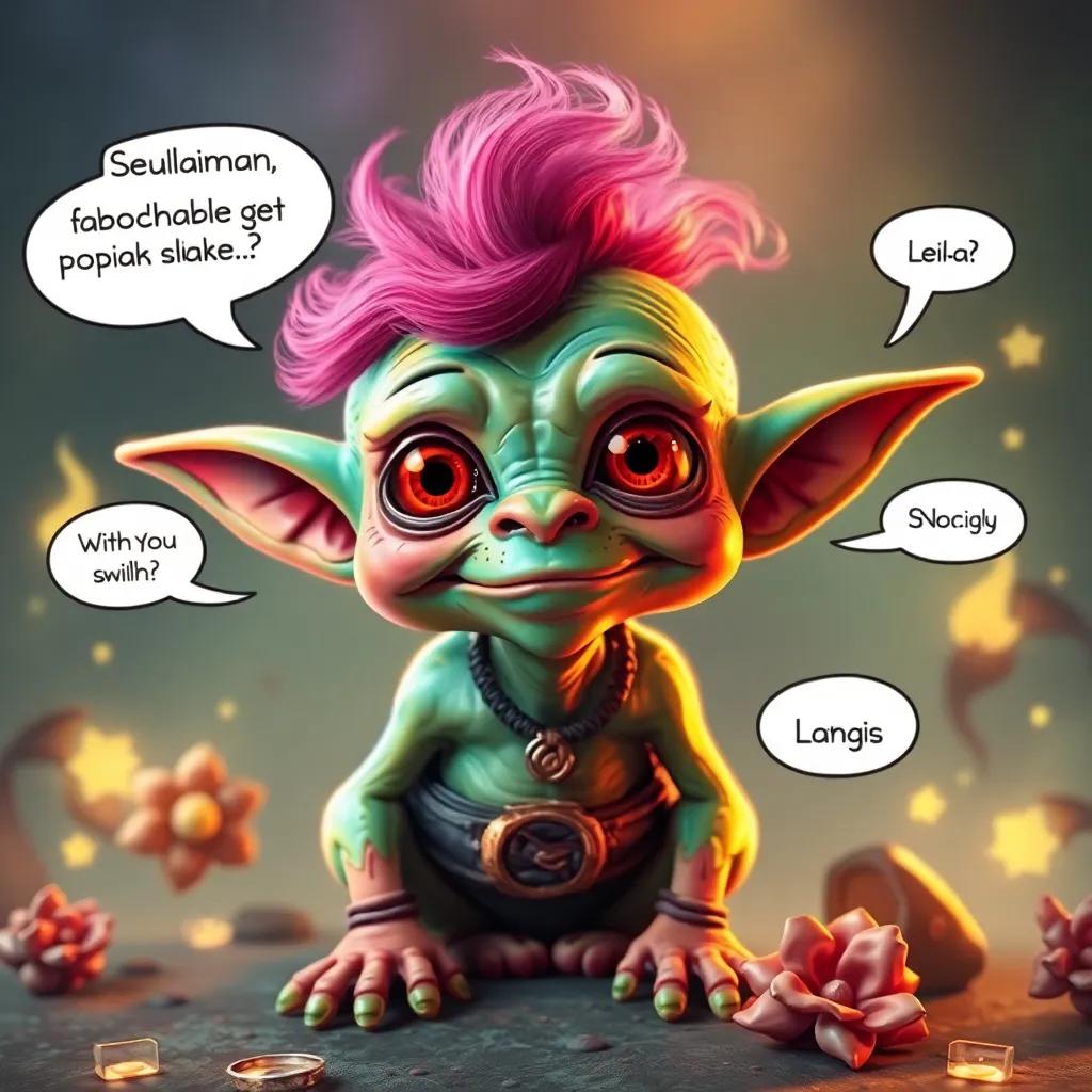 A strange and colorful goblin with playful features, asking Sulaiman and Leila questions, surrounded by magical elements, whimsical design, engaging atmosphere, high quality