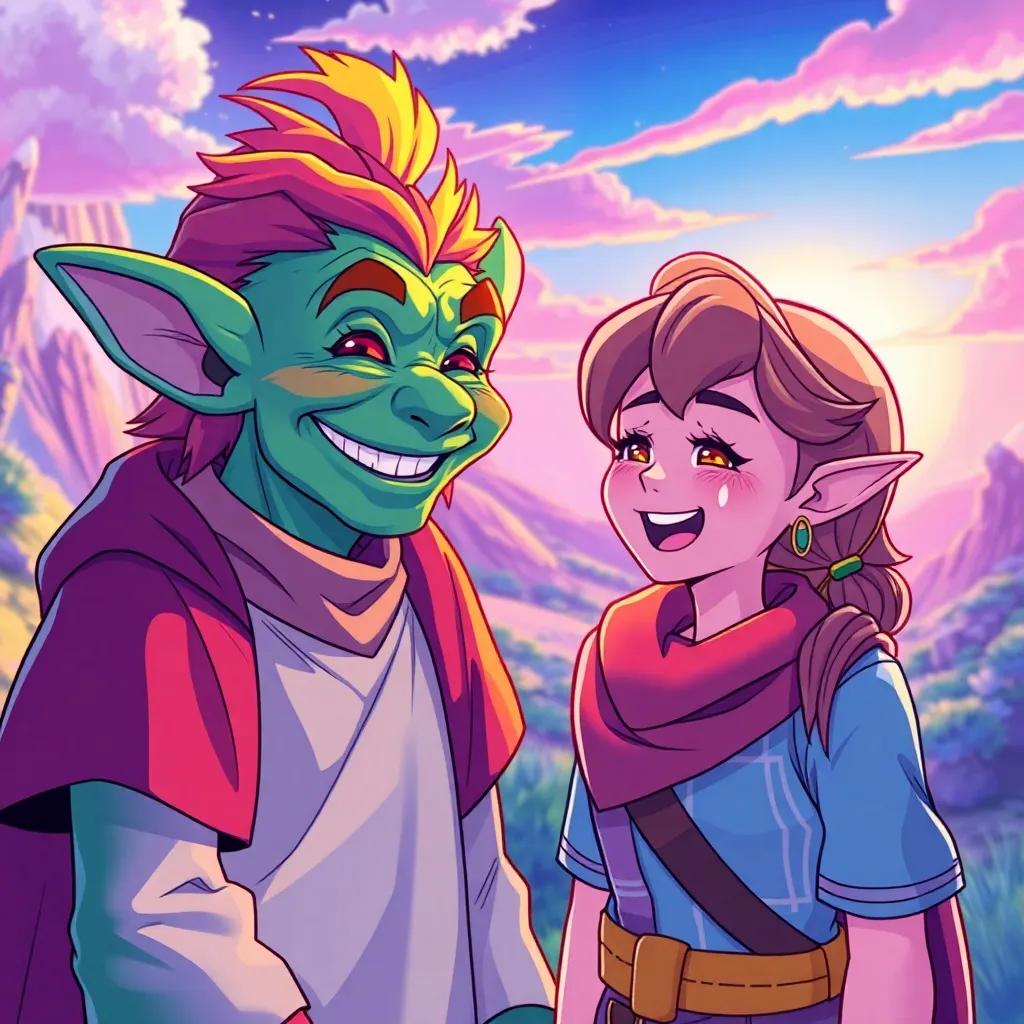 The goblin smiling and congratulating them, with a bright and colorful landscape behind him, both characters looking happy and engaged, vibrant colors, cheerful vibe, high quality