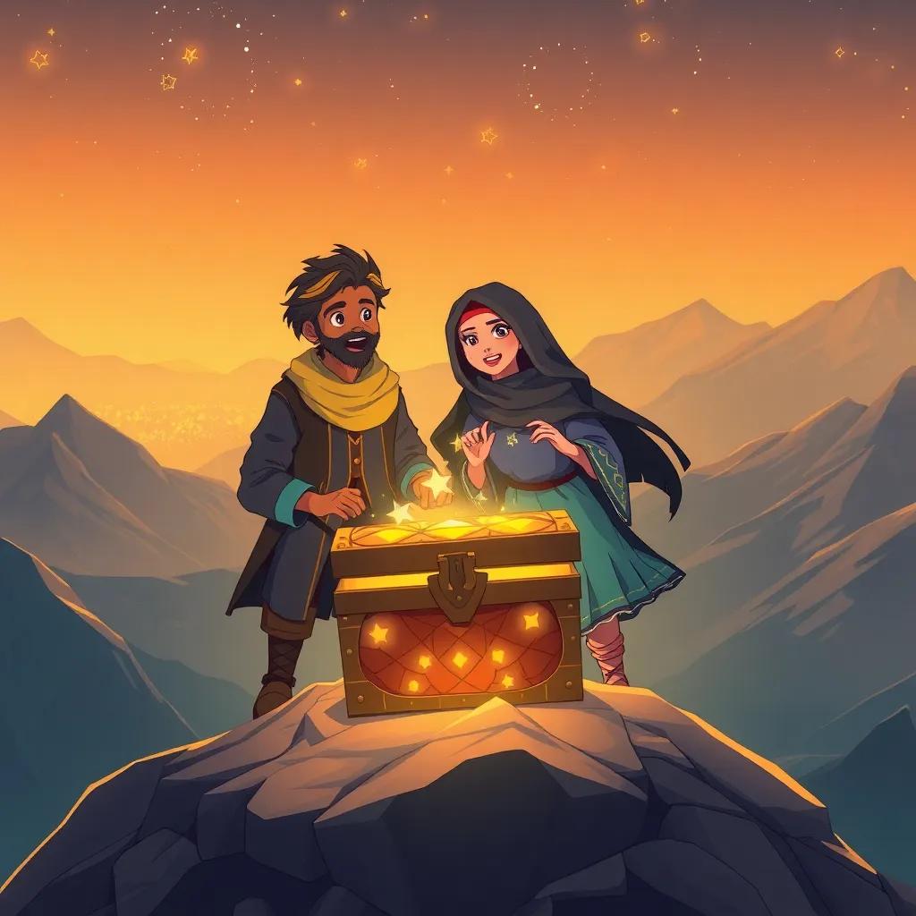 Sulaiman and Leila at the top of a mountain, discovering a treasure chest sparkling with stars, both characters looking amazed and joyful, warm colors, magical atmosphere, high quality