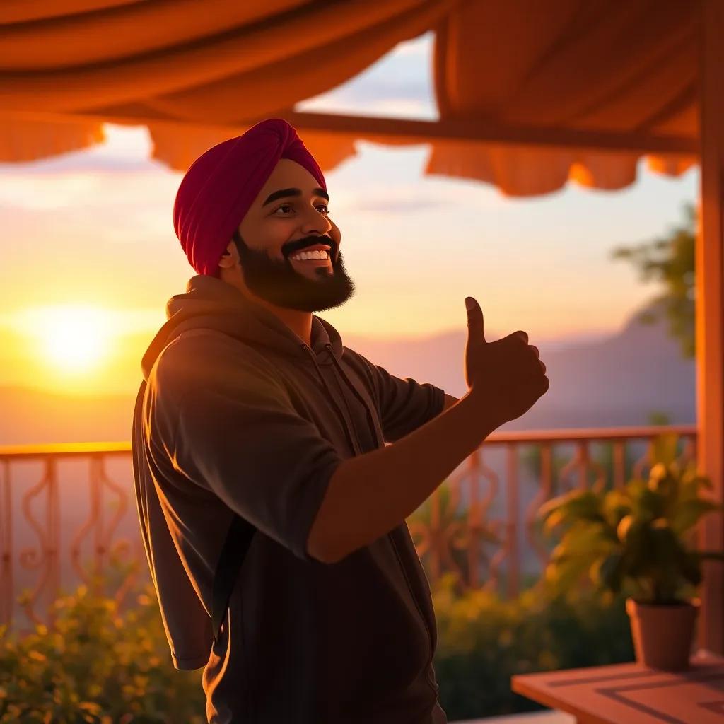 Sulaiman celebrating his adventure at home with a bright sunset, feeling happy and satisfied, warm colors, cozy atmosphere, high quality