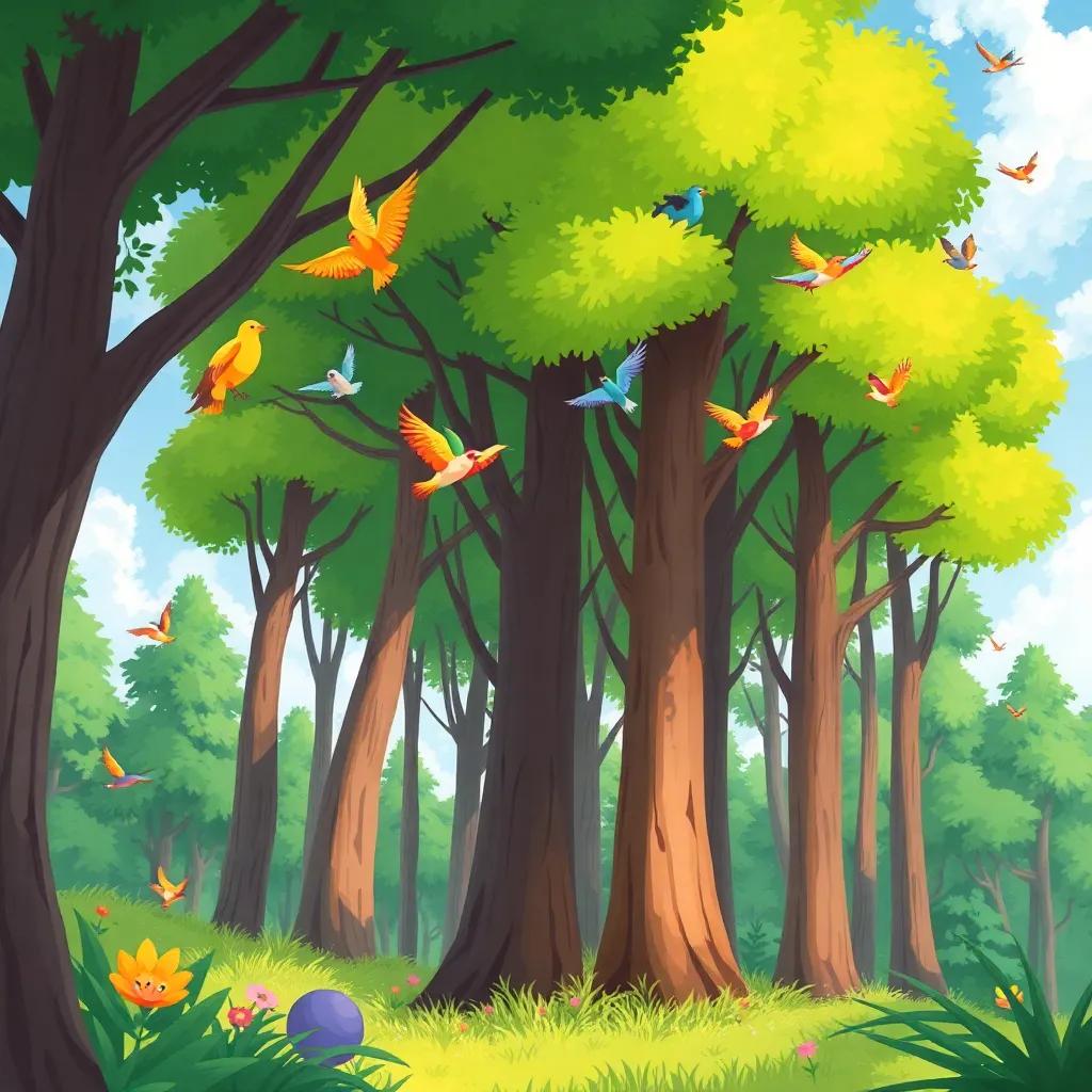 A beautiful green forest full of tall trees and colorful birds flying in the sky, sunny day, vibrant colors, child-friendly, inviting atmosphere, digital art, high quality