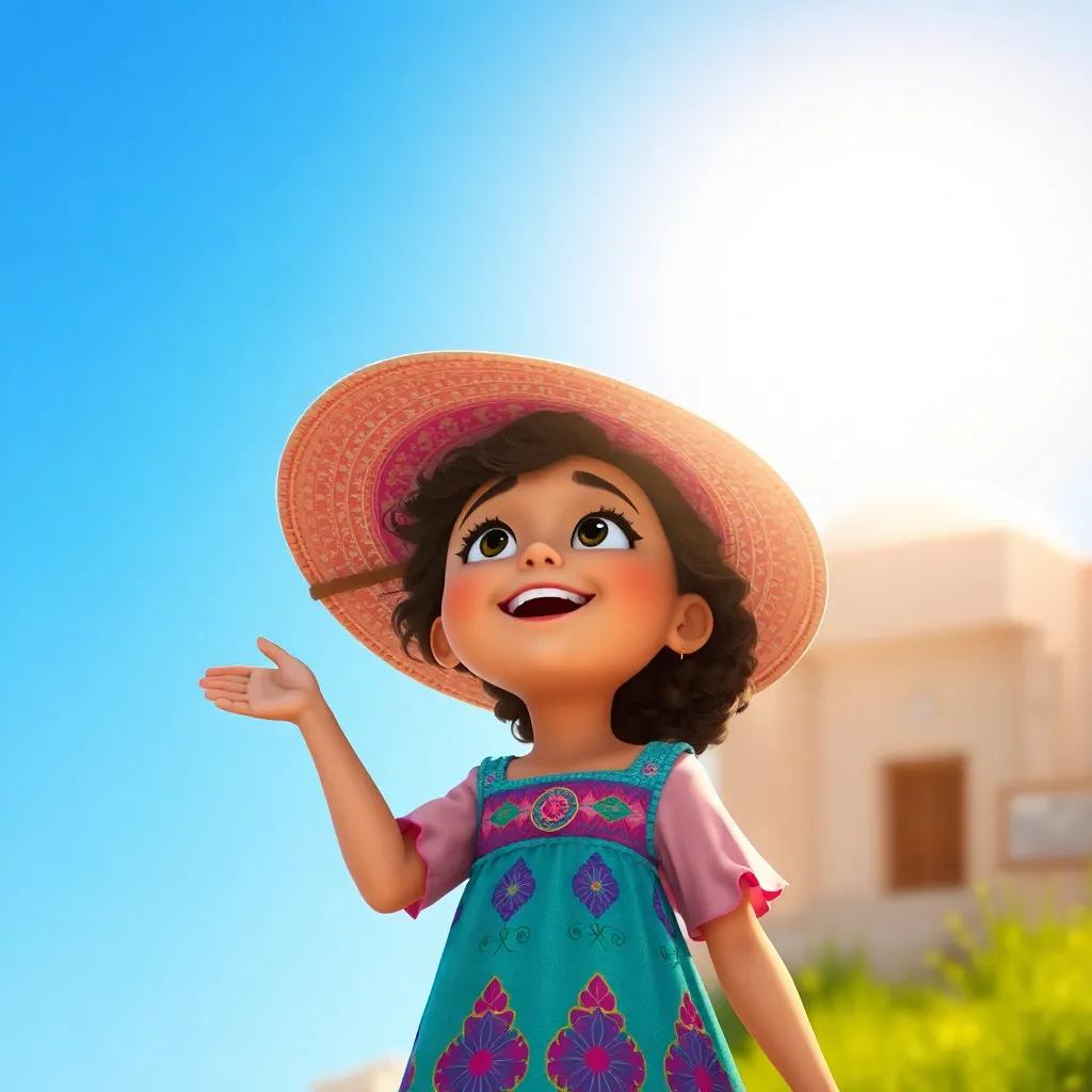A young Arab girl, شمه, with curly hair, wearing a colorful dress and a big hat, excitedly looking at the blue sky and the sun, digital art, bright colors, cheerful atmosphere, high quality